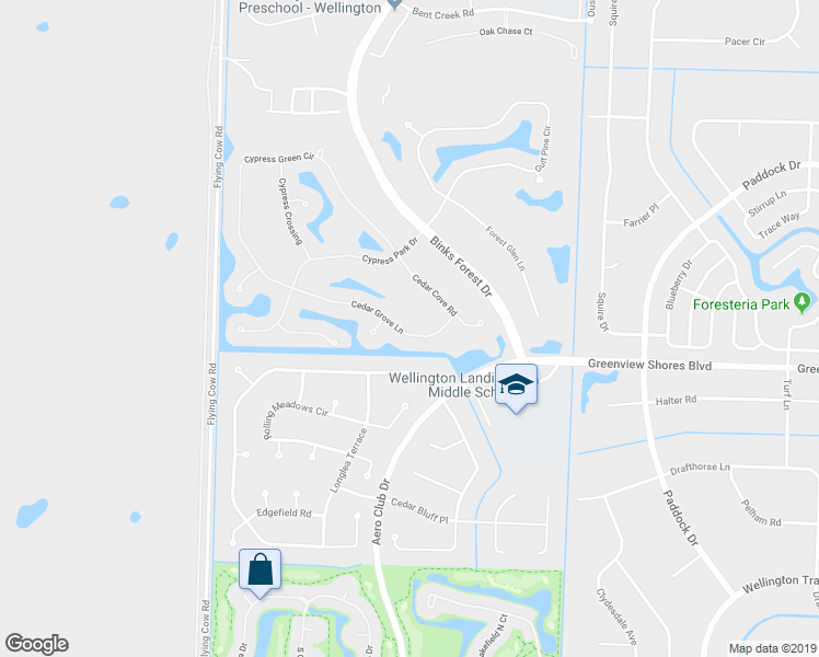 map of restaurants, bars, coffee shops, grocery stores, and more near 15611 Cedar Grove Lane in Wellington