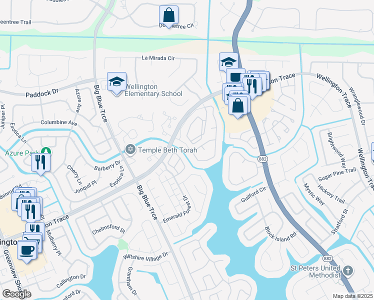 map of restaurants, bars, coffee shops, grocery stores, and more near 13146 Quiet Woods Road in Wellington