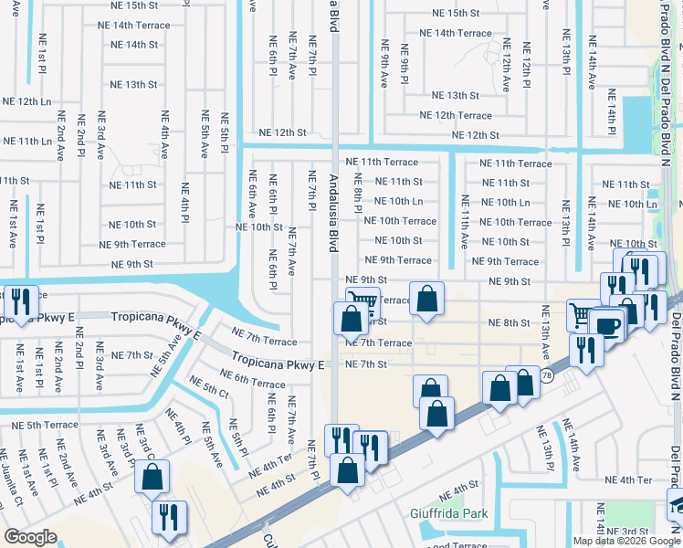 map of restaurants, bars, coffee shops, grocery stores, and more near 802 Northeast 9th Street in Cape Coral