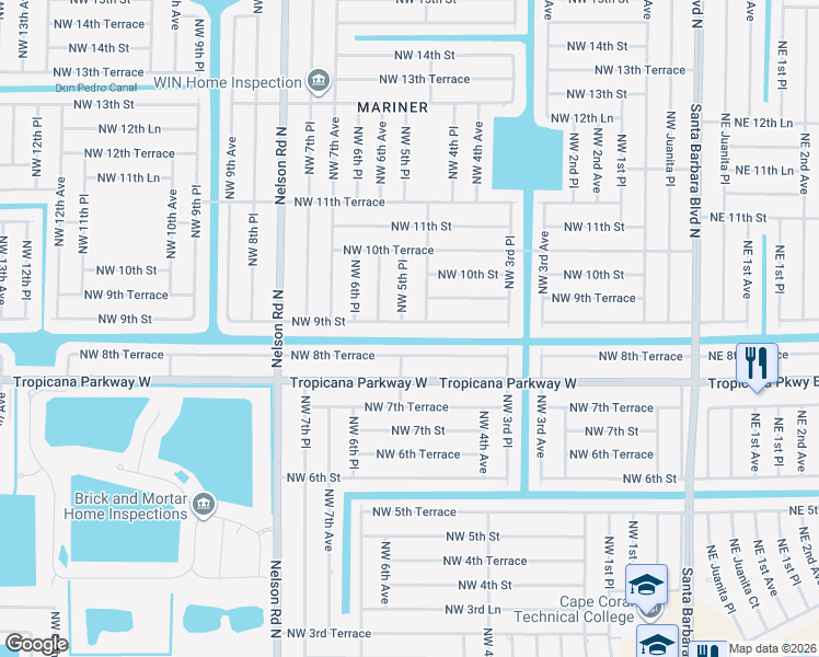 map of restaurants, bars, coffee shops, grocery stores, and more near 510 Northwest 9th Street in Cape Coral