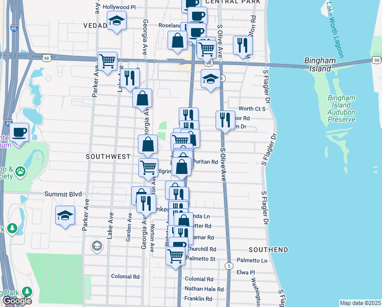 map of restaurants, bars, coffee shops, grocery stores, and more near 4916 South Dixie Highway in West Palm Beach