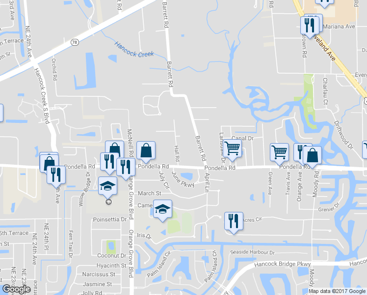 map of restaurants, bars, coffee shops, grocery stores, and more near 800 Pondella Road in North Fort Myers