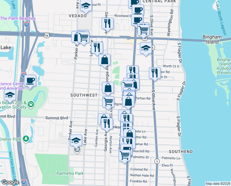 map of restaurants, bars, coffee shops, grocery stores, and more near 420 Puritan Road in West Palm Beach