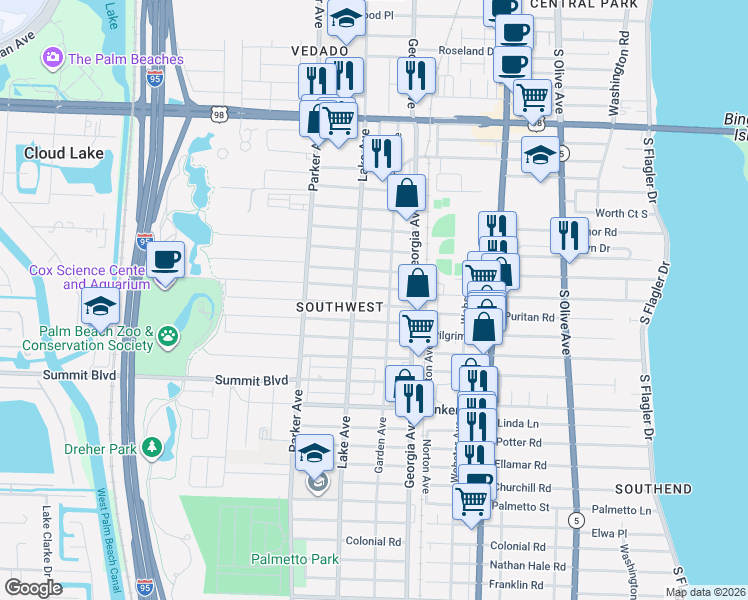 map of restaurants, bars, coffee shops, grocery stores, and more near 730 Green Street in West Palm Beach