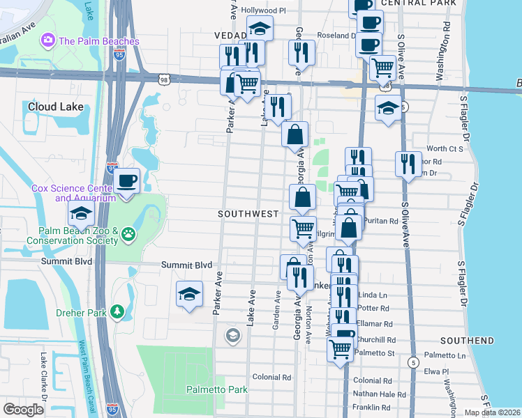 map of restaurants, bars, coffee shops, grocery stores, and more near 730 Green Street in West Palm Beach