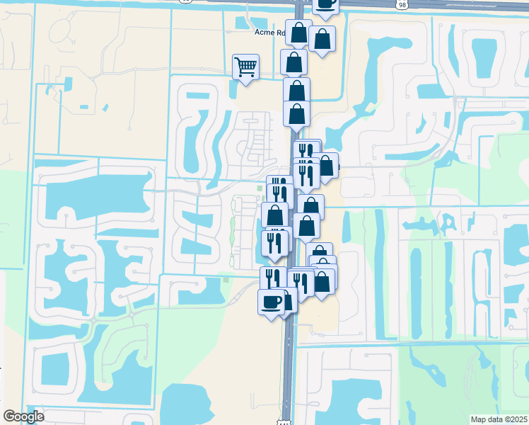 map of restaurants, bars, coffee shops, grocery stores, and more near 590 Christina Drive in Royal Palm Beach