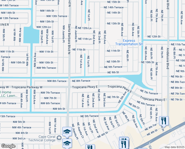 map of restaurants, bars, coffee shops, grocery stores, and more near 125 Northeast 8th Terrace in Cape Coral