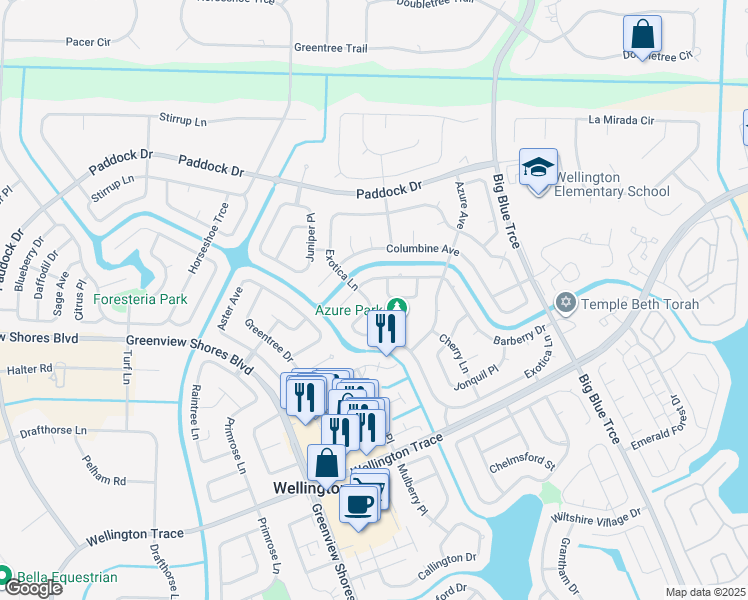 map of restaurants, bars, coffee shops, grocery stores, and more near 13700 Exotica Lane in Wellington