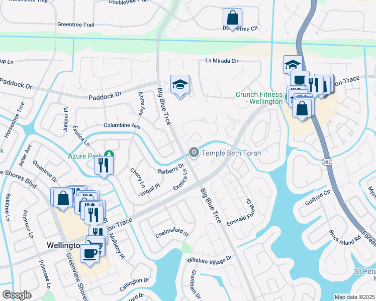 map of restaurants, bars, coffee shops, grocery stores, and more near 900 Big Blue Trace in Wellington