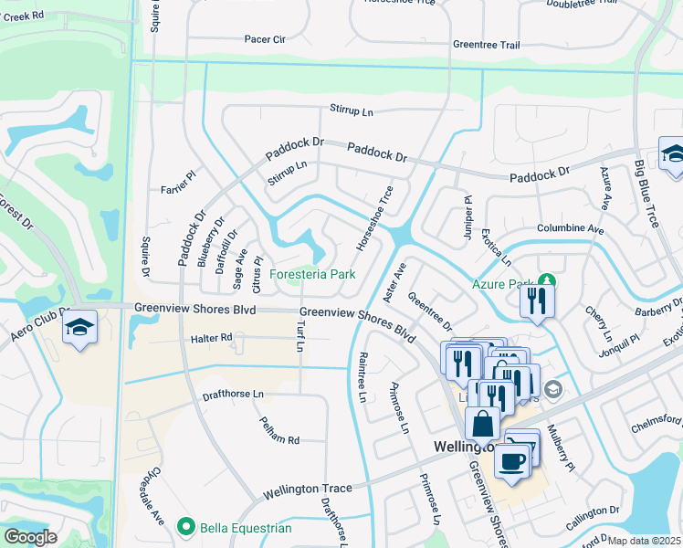 map of restaurants, bars, coffee shops, grocery stores, and more near 14372 Horseshoe Trce in Wellington