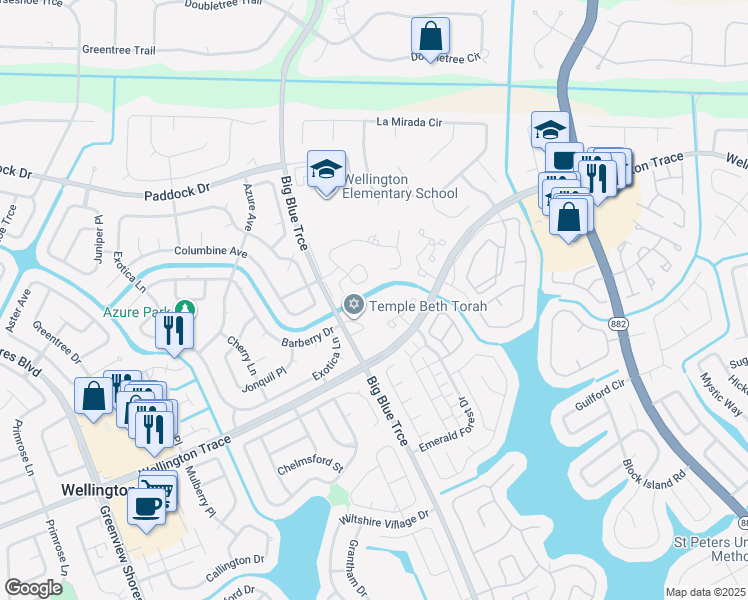 map of restaurants, bars, coffee shops, grocery stores, and more near 13115 Belhaven Court in Wellington