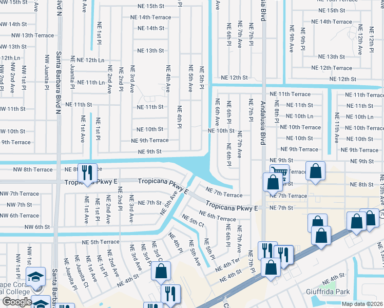 map of restaurants, bars, coffee shops, grocery stores, and more near 436 Northeast 9th Street in Cape Coral
