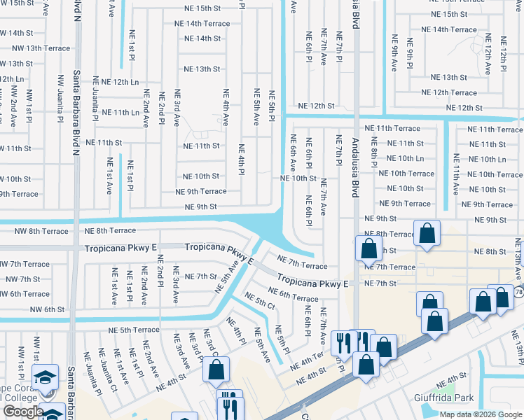 map of restaurants, bars, coffee shops, grocery stores, and more near 436 Northeast 9th Street in Cape Coral
