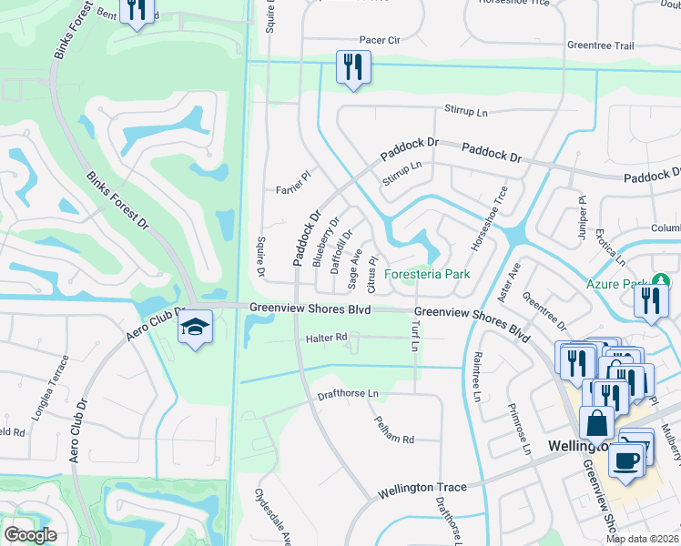 map of restaurants, bars, coffee shops, grocery stores, and more near 916 Daffodil Drive in Wellington