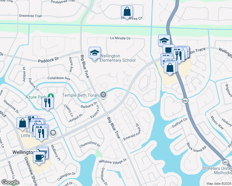 map of restaurants, bars, coffee shops, grocery stores, and more near 13115 Belhaven Court in Wellington