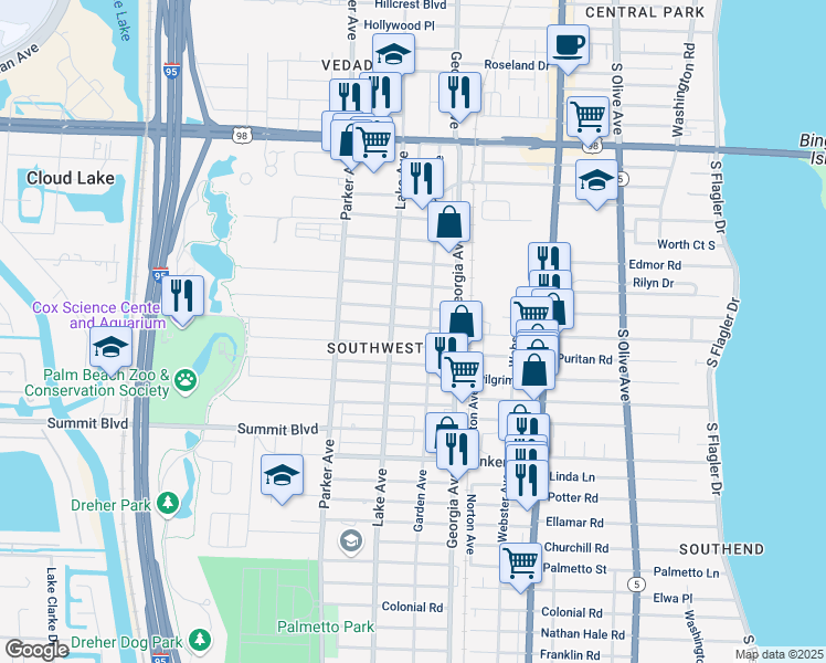 map of restaurants, bars, coffee shops, grocery stores, and more near 730 Green Street in West Palm Beach