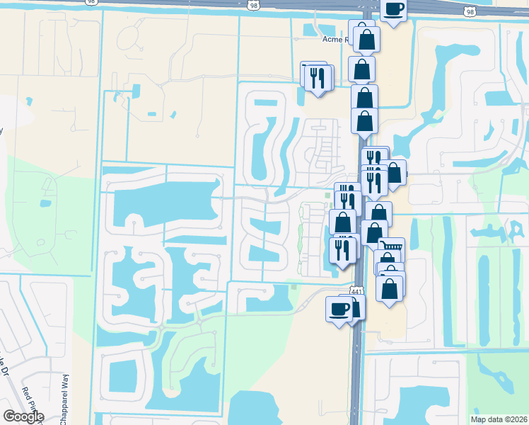 map of restaurants, bars, coffee shops, grocery stores, and more near 107 Newberry Lane in Royal Palm Beach