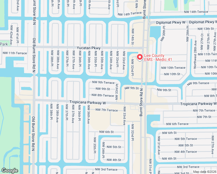map of restaurants, bars, coffee shops, grocery stores, and more near 3417 Northwest 9th Terrace in Cape Coral