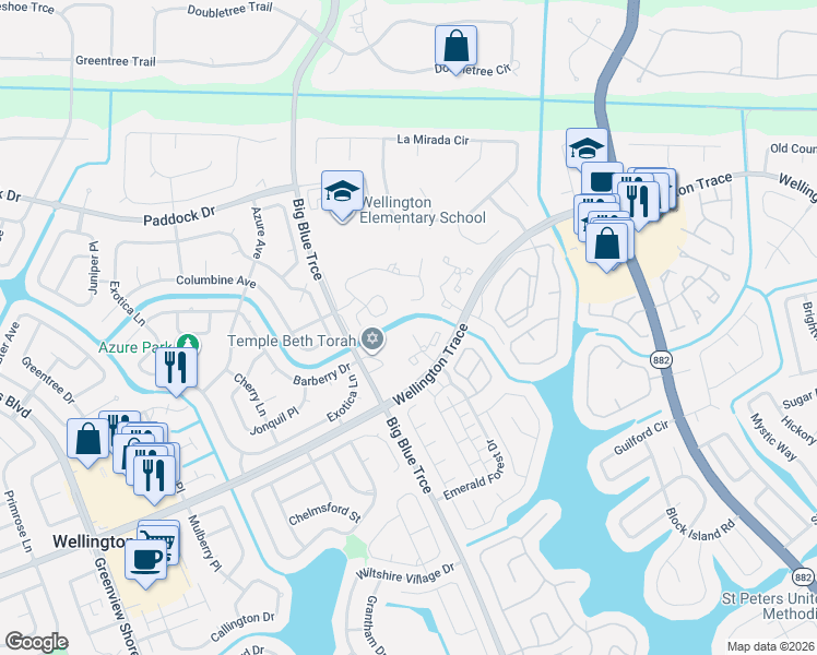 map of restaurants, bars, coffee shops, grocery stores, and more near 13313 Kingsbury Drive in Wellington