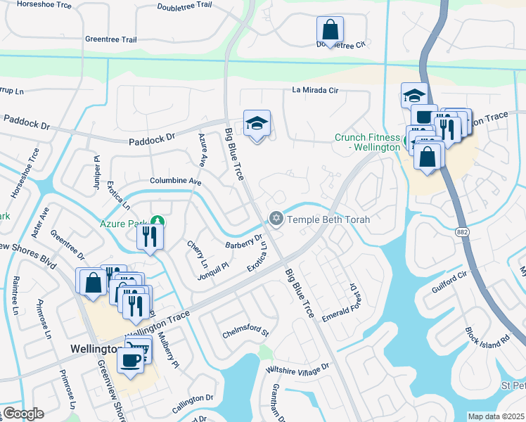 map of restaurants, bars, coffee shops, grocery stores, and more near 13435 Georgian Court in Wellington