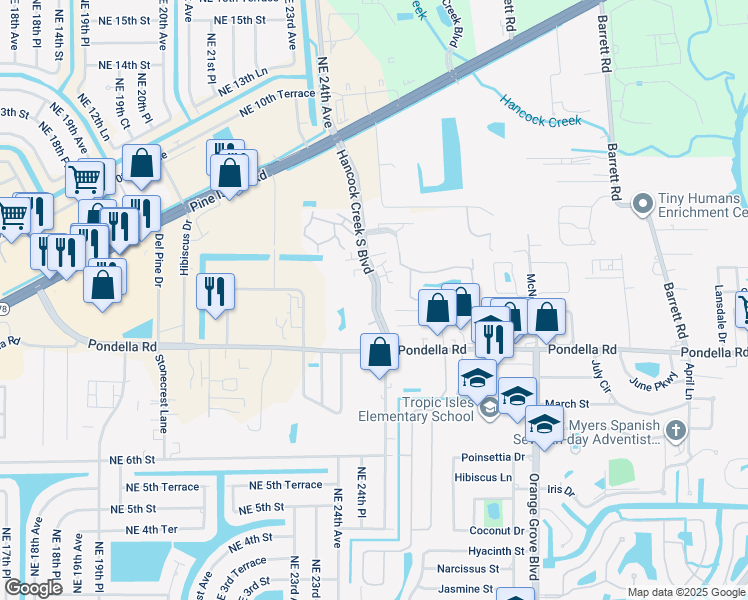 map of restaurants, bars, coffee shops, grocery stores, and more near 1080 Hancock Creek South Boulevard in Cape Coral