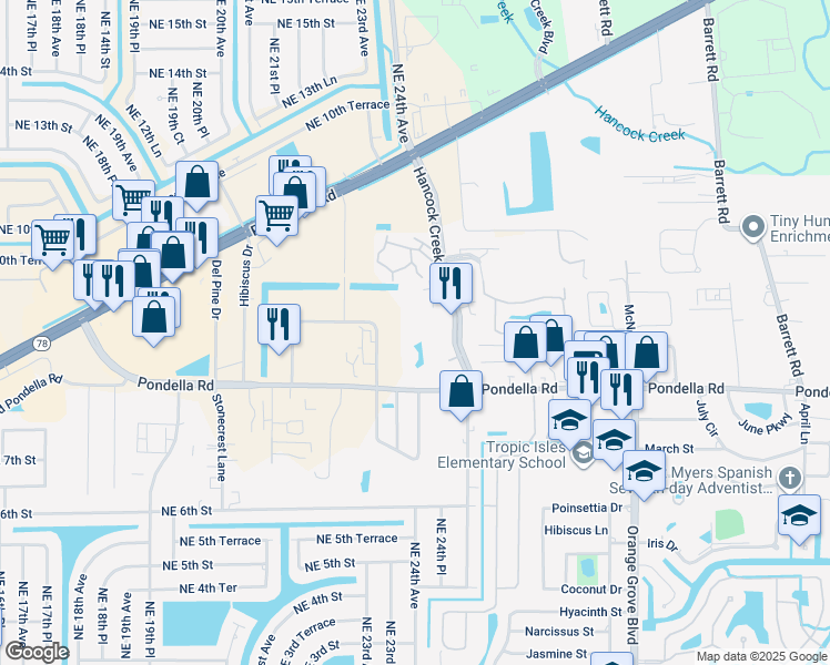 map of restaurants, bars, coffee shops, grocery stores, and more near 1100 Pondella Road in Cape Coral