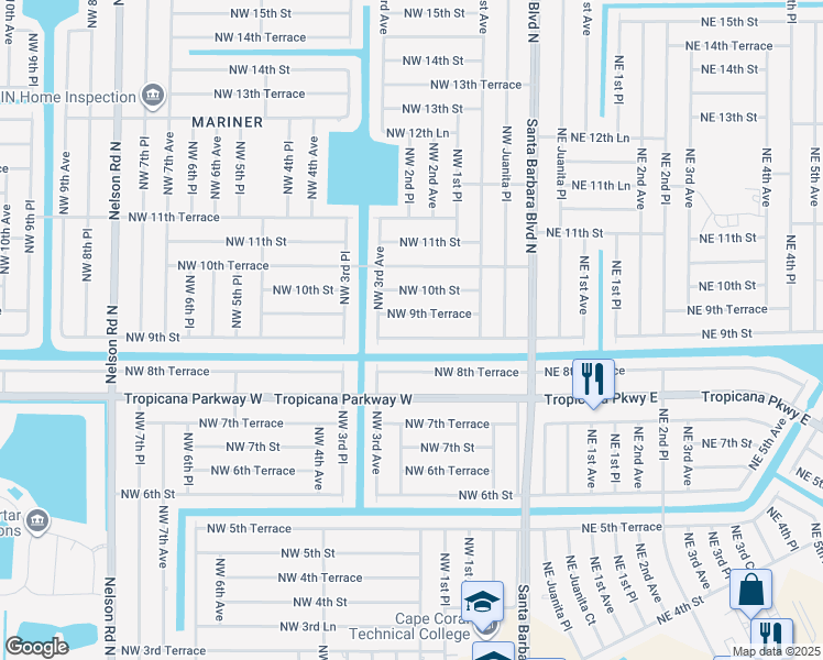 map of restaurants, bars, coffee shops, grocery stores, and more near 221 Northwest 9th Terrace in Cape Coral