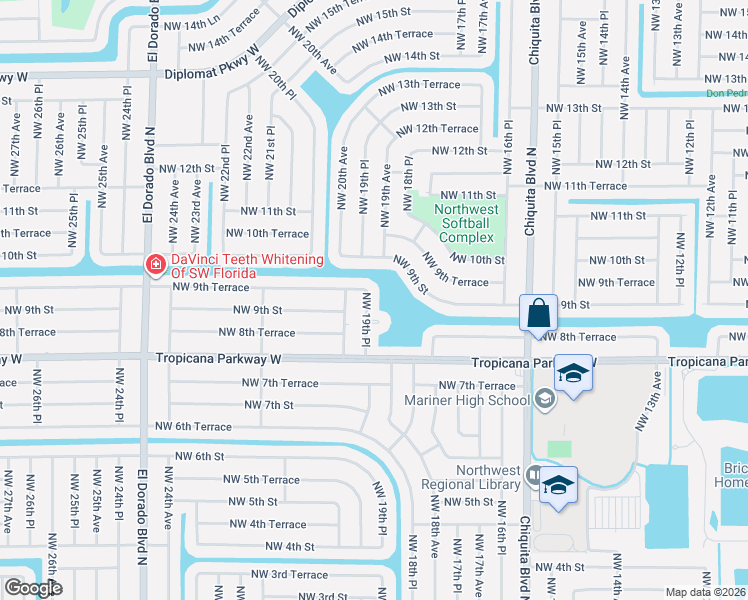 map of restaurants, bars, coffee shops, grocery stores, and more near 1913 Northwest 9th Terrace in Cape Coral