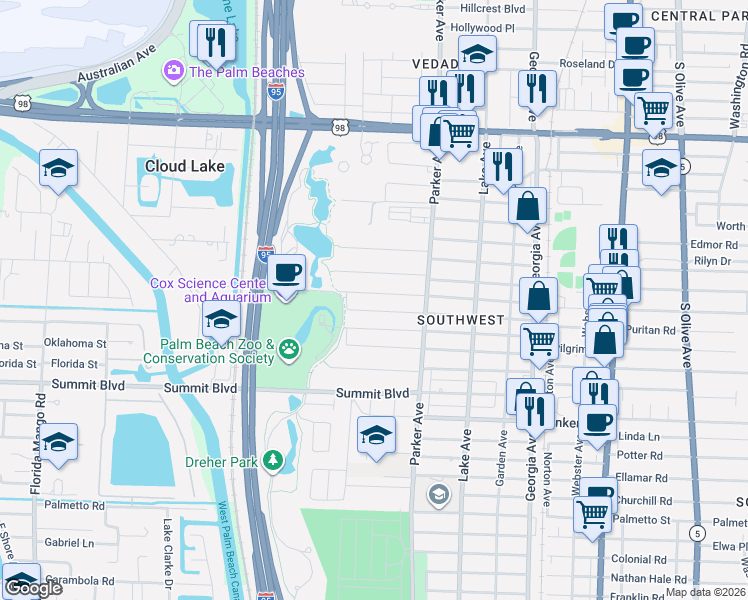 map of restaurants, bars, coffee shops, grocery stores, and more near 1005 West Lakewood Road in West Palm Beach