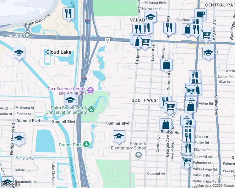 map of restaurants, bars, coffee shops, grocery stores, and more near 1005 West Lakewood Road in West Palm Beach