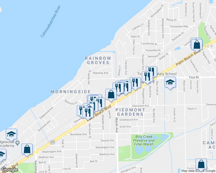 map of restaurants, bars, coffee shops, grocery stores, and more near 4100 Edgewood Avenue in Fort Myers