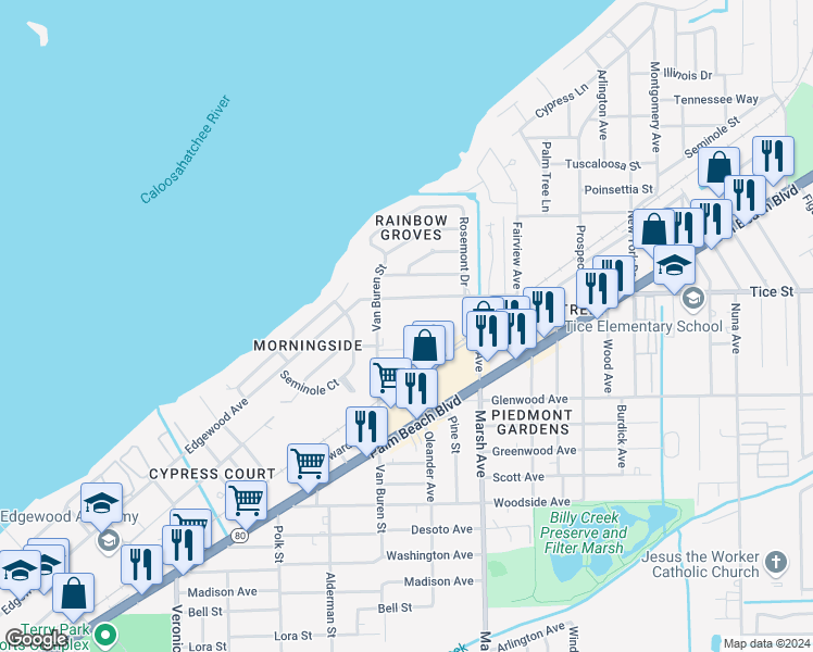 map of restaurants, bars, coffee shops, grocery stores, and more near 4068 Edgewood Avenue in Fort Myers