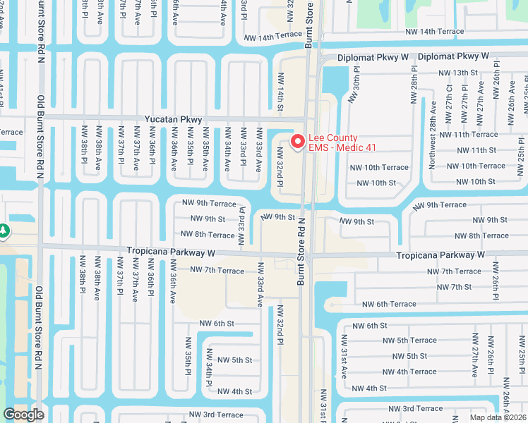 map of restaurants, bars, coffee shops, grocery stores, and more near 3233 Northwest 9th Street in Cape Coral