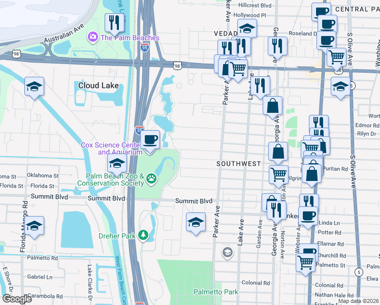 map of restaurants, bars, coffee shops, grocery stores, and more near 1005 West Lakewood Road in West Palm Beach