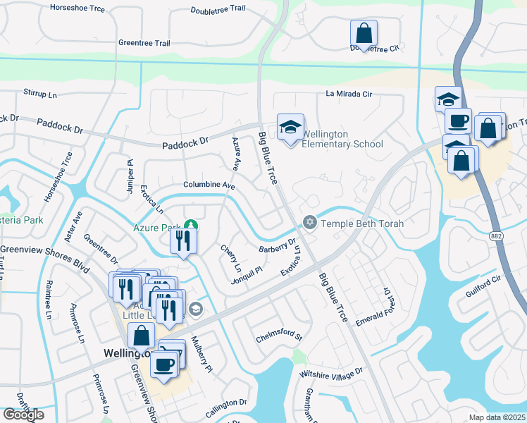 map of restaurants, bars, coffee shops, grocery stores, and more near 13932 Cranberry Court in Wellington