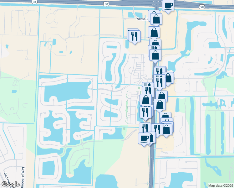 map of restaurants, bars, coffee shops, grocery stores, and more near 107 Newberry Lane in Royal Palm Beach
