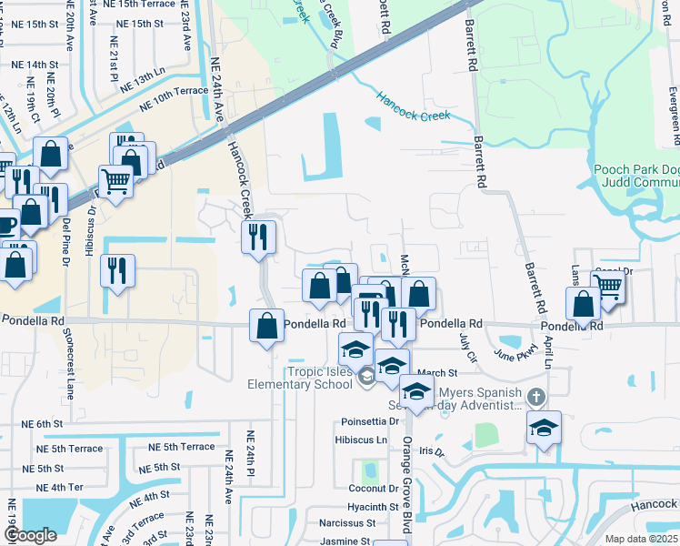 map of restaurants, bars, coffee shops, grocery stores, and more near 1083 Winding Pines Circle in Cape Coral