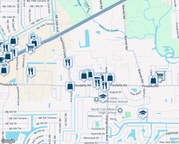 map of restaurants, bars, coffee shops, grocery stores, and more near 1083 Winding Pines Circle in Cape Coral