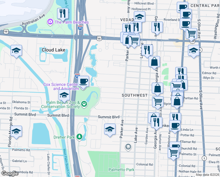 map of restaurants, bars, coffee shops, grocery stores, and more near 1005 West Lakewood Road in West Palm Beach