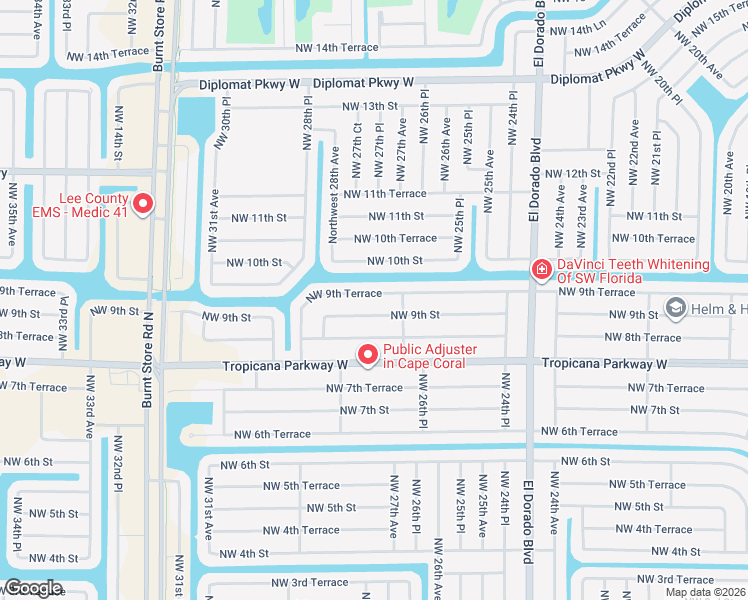 map of restaurants, bars, coffee shops, grocery stores, and more near 2616 Northwest 9th Terrace in Cape Coral