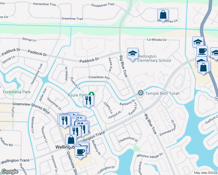map of restaurants, bars, coffee shops, grocery stores, and more near 13655 Barberry Drive in Wellington