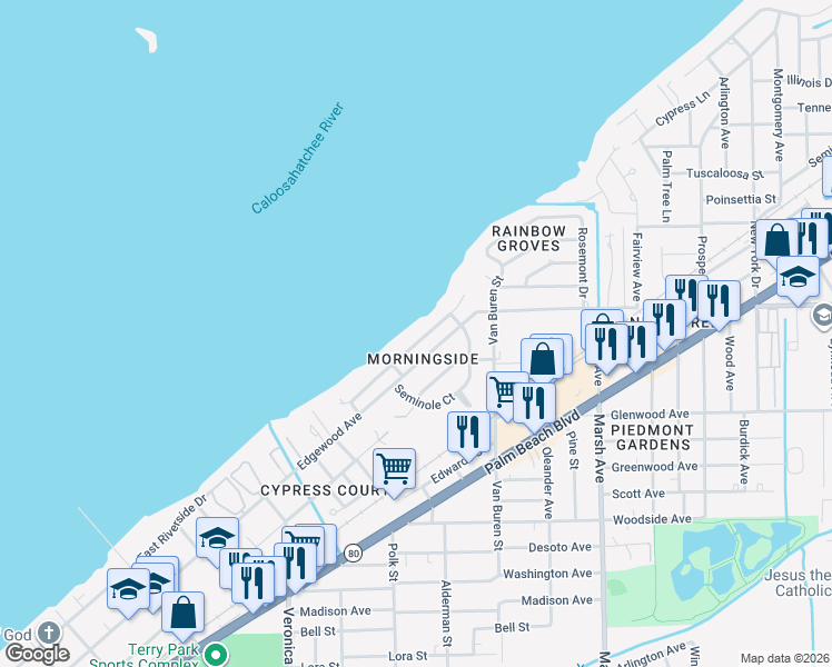 map of restaurants, bars, coffee shops, grocery stores, and more near 3943 East River Drive in Fort Myers