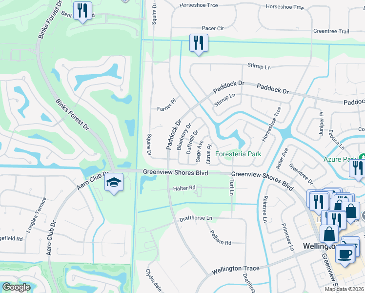 map of restaurants, bars, coffee shops, grocery stores, and more near 836 Blueberry Drive in Wellington
