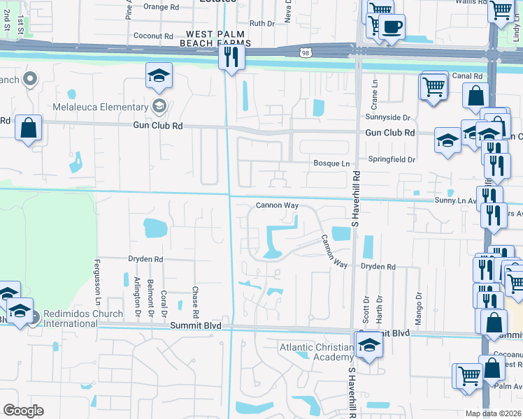 map of restaurants, bars, coffee shops, grocery stores, and more near 5241 Cannon Way in West Palm Beach