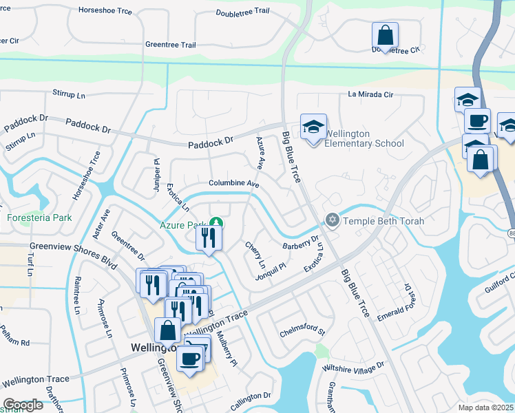 map of restaurants, bars, coffee shops, grocery stores, and more near 13655 Barberry Drive in Wellington
