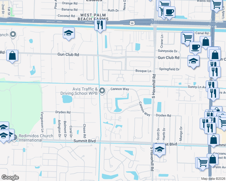 map of restaurants, bars, coffee shops, grocery stores, and more near 5241 Cannon Way in West Palm Beach