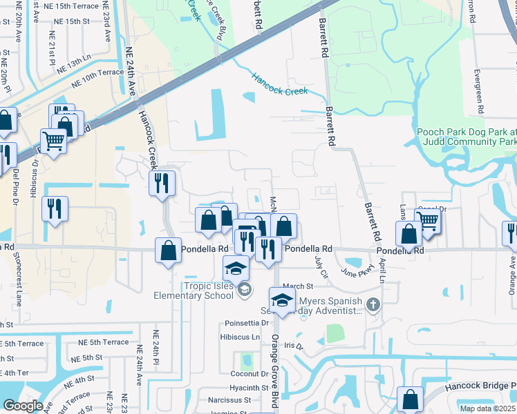 map of restaurants, bars, coffee shops, grocery stores, and more near 14122 Warner Circle in North Fort Myers