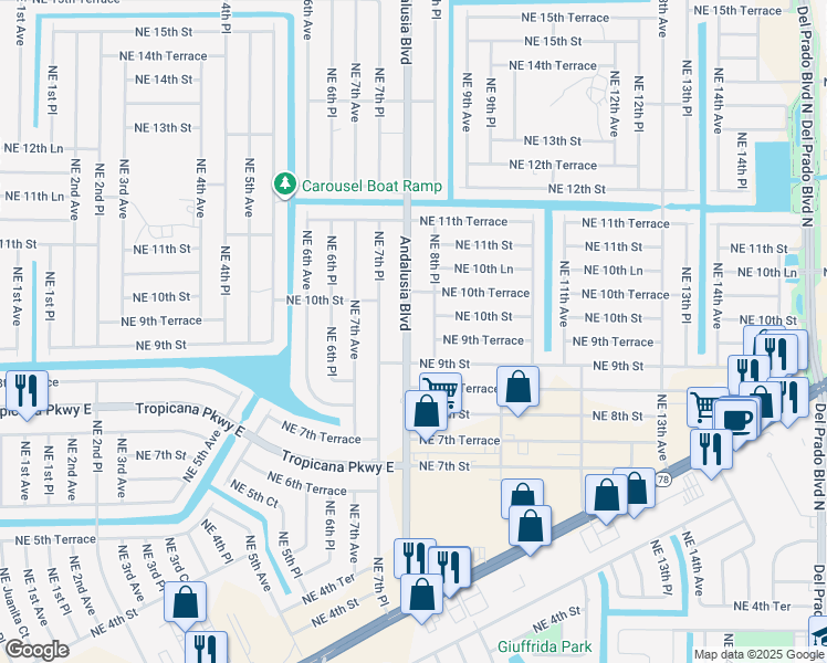 map of restaurants, bars, coffee shops, grocery stores, and more near 921 Andalusia Boulevard in Cape Coral