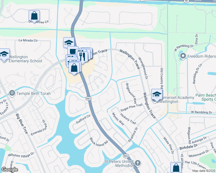 map of restaurants, bars, coffee shops, grocery stores, and more near 12442 Guilford Way in Wellington