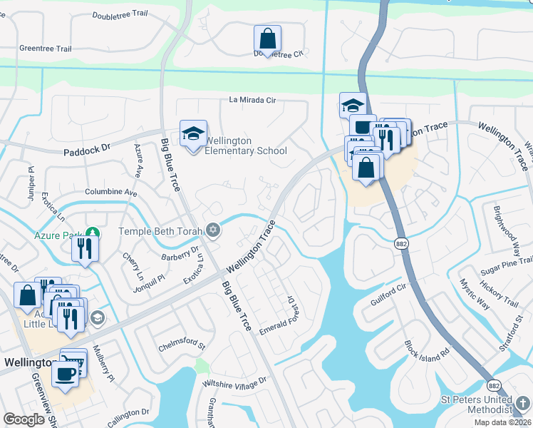 map of restaurants, bars, coffee shops, grocery stores, and more near 10 Dartford Trail in Wellington